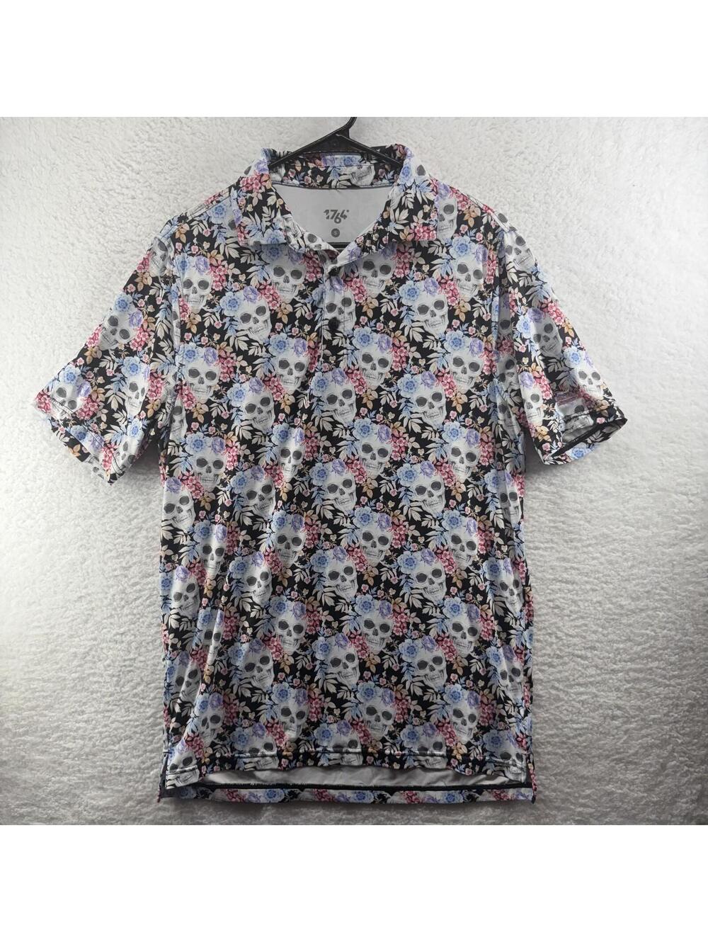1764 Performance Golf Polo Skulls AOP Spooky Mens Small Floral